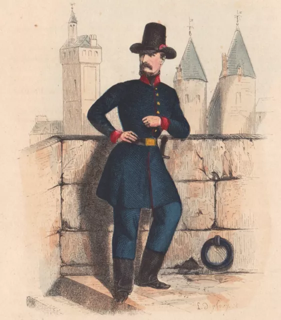 Gravure XIXe Gardien de Paris Garde Nationale Uniforme Deuxième République 1848