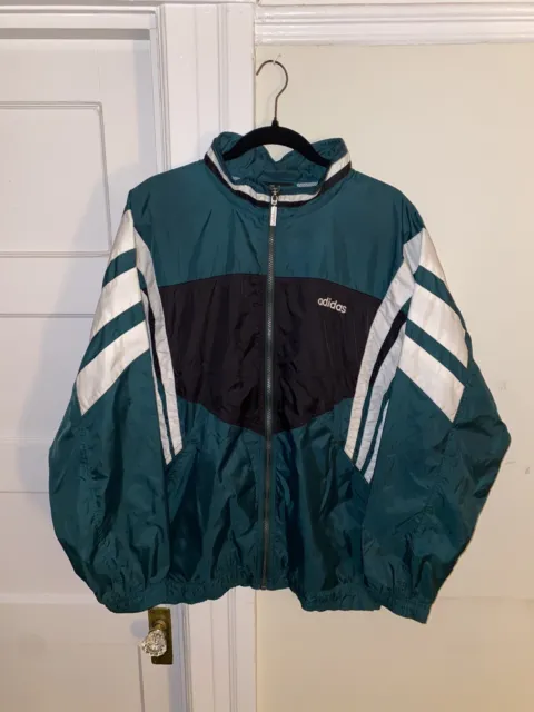 Adidas Vintage Track Jacket 90s Sports Full-Zip Top, Green Black, Mens Large