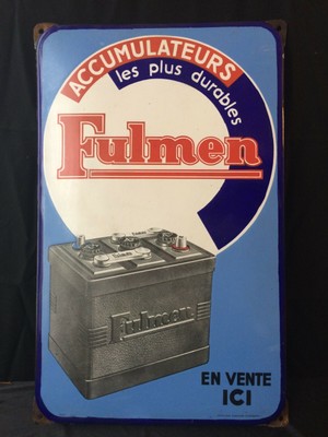 ANCIENNE PLAQUE EMAILLEE PUBLICITAIRE FULMEN DOUBLE FACE AVEC EQUERRE GARAGE LOF 