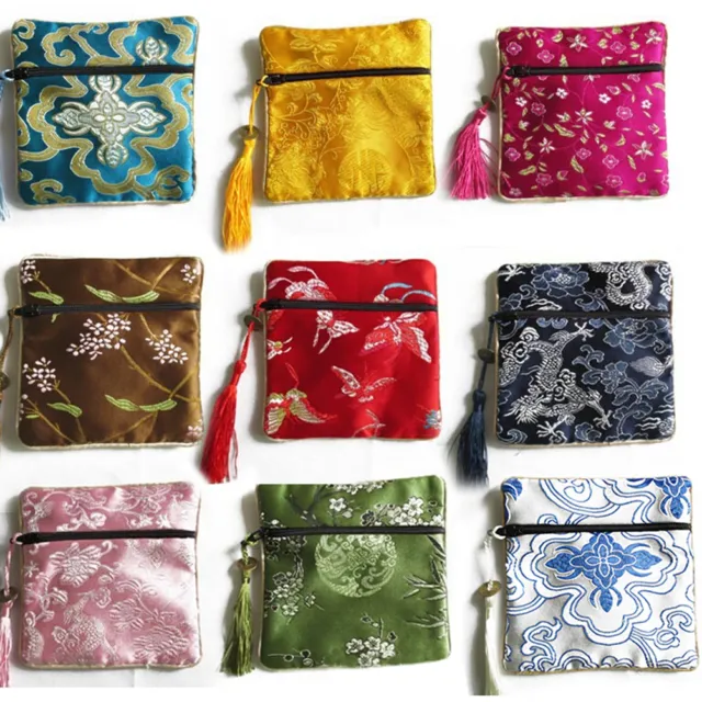 10Pcs Mix Colors Chinese Zipper Coin Tassel Silk Square Jewelry Bags Pouche::d