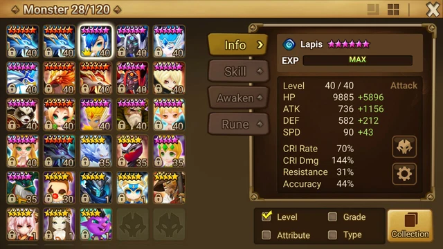 Compte Summoners War Europe - 17×5★ NAT5, 26×6★ Dont Bastet, Rica, Anavel, Bellenus, Teshar