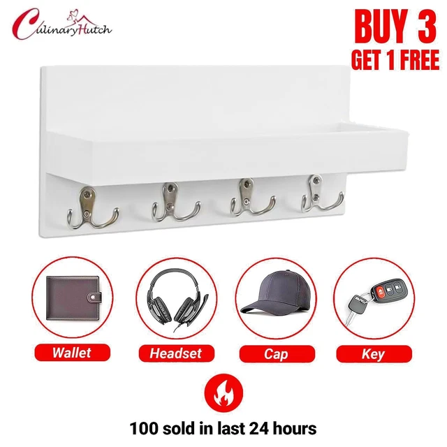 4 Hooks Wall Mount Wood Key Holder Bag Towel Hanger Clothes Rack Kitchen Office
