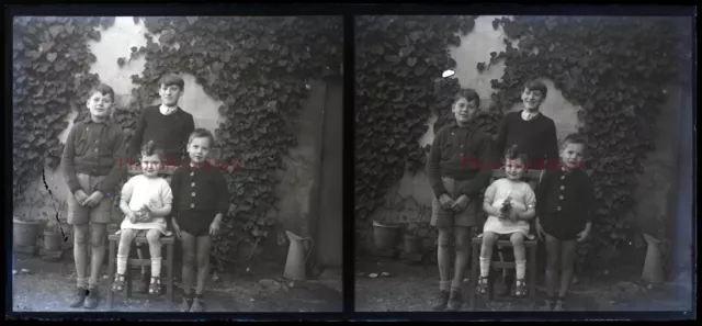 Famille Enfants France c1930 Photo NEGATIVE Plaque verre Stereo Vintage P30L17n6