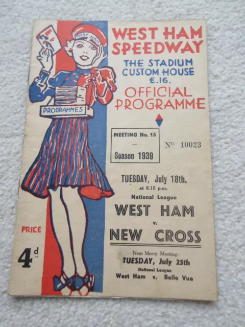 1939 WEST HAM v NEW CROSS SPEEDWAY PROGRAMME.