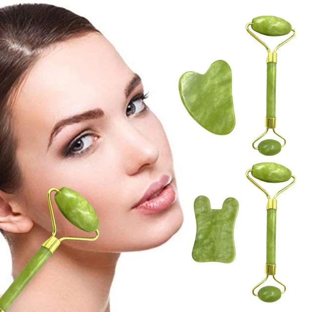 Masajeador de rodillos faciales facial y conjunto de tablas Gua Sha cristal de piedra de jade natural