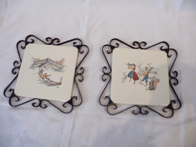 VINTAGE 2 dessous de plats faîence de LA FERTE GAUCHER Décor Venise tour forgé