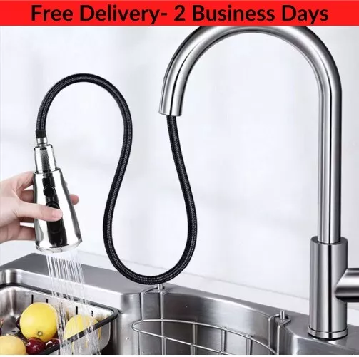 Taps Sink Mixer Single Faucet Pull Out Spray Tap Mono Stainless Steel Kitchen UK