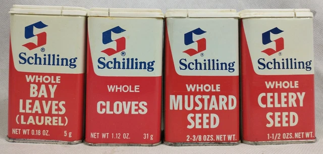 Vintage Schilling Spice Tins Lot of 4 Cloves Mustard Celery Seed Bay Leaves