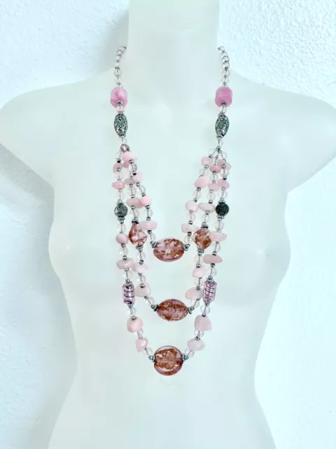 Murano Glassrose Quartz~Aventurine~Triple Strand~Draped Station Necklace 29”