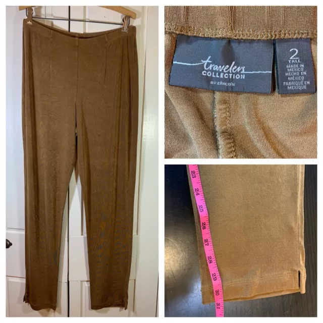 Chicos 2 Travelers Pants Women’s LT Large Tall Brown Slinky Pull On Straight Leg