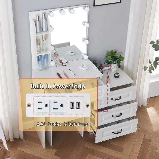 White Beautiful Makeup Set With 10 LED Mirror Stool Dressing Table USB Port