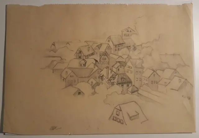 Bleistift-Zeichnung "Ortschaft" 1947 Künstler Kurt Merk