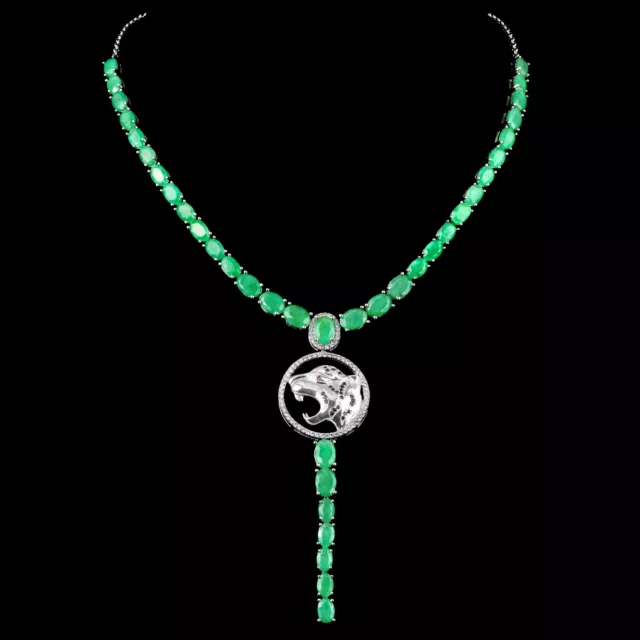 7X5Mm Emerald Cubic Zirconia Tiger White Gold Plated In Silver 925 Necklace
