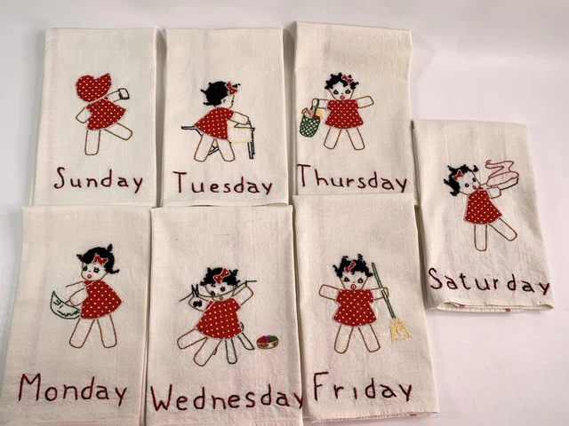 7 Vintage Hand Appliqued Embroidered DAYS OF THE WEEK Dish Towels  Girl