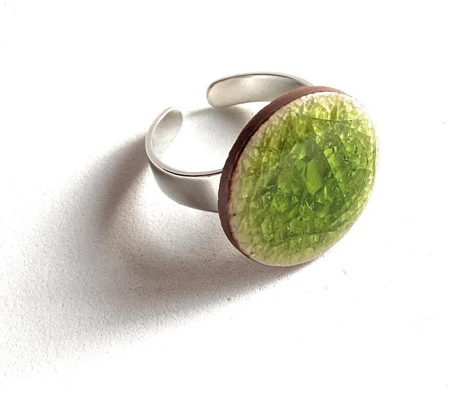 Green Statement ring - CHunky Large Ring, Round  Adjustable ring Ceramic Glazed