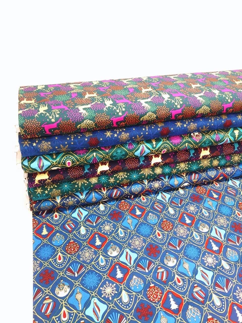 Gold Metallic Blue Green CHRISTMAS Cotton Fabric Craft Dressmaking 140cm wide