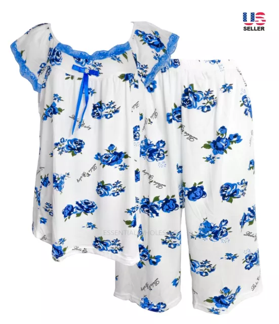 Women Pajama Set Sleepwear Top with Capri Pants Floral Soft Cotton Short Sleeve