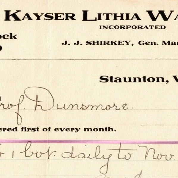 1907 Scarce Kayser Lithia Water Co. Billhead Letterhead Staunton, VA  JJ Shirkey