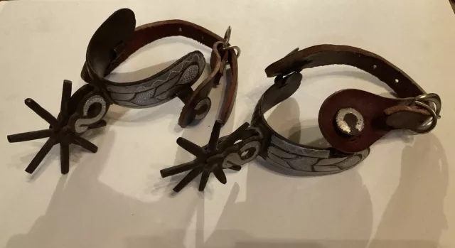Antique Spanish Hand Forged Spurs Sterling Silver Overlay With Leather