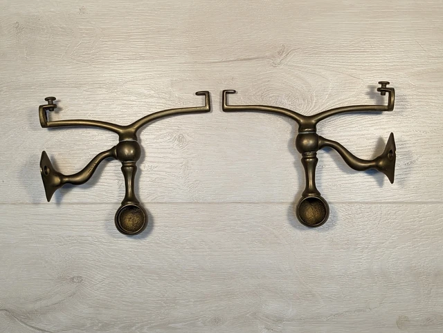 Antique Victorian San-O-La Stripped Brass Glass Shelf Towel Rod Brackets (Pair)
