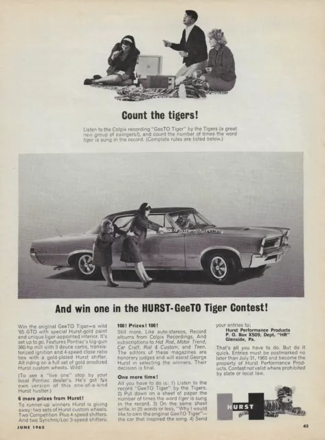 1965 Hurst Shifter GeeTO Tiger Ad Pontiac GTO Vintage Magazine Advertisement