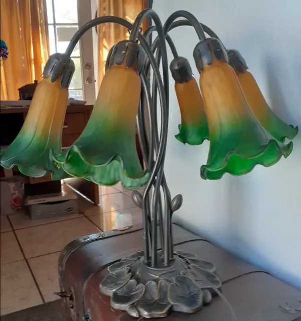 Tulip Lily Pad Table Lamp Tiffany Style 6 Lights Green Yellow Glass Shades 4