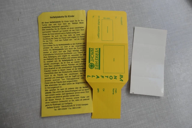 Notfall-Plakette für Kinder VERKEHRSWACHT Sicherheit Baby Schutz Rettung Hilfe