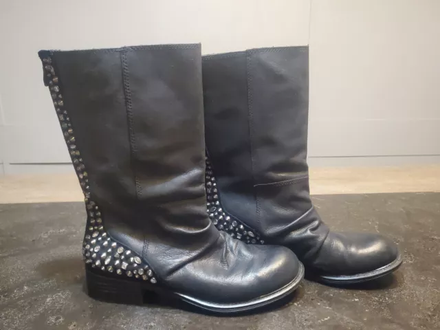 Reba by Justin Black Leather Mid Calf Studded Rhinestone Boots Size 7m