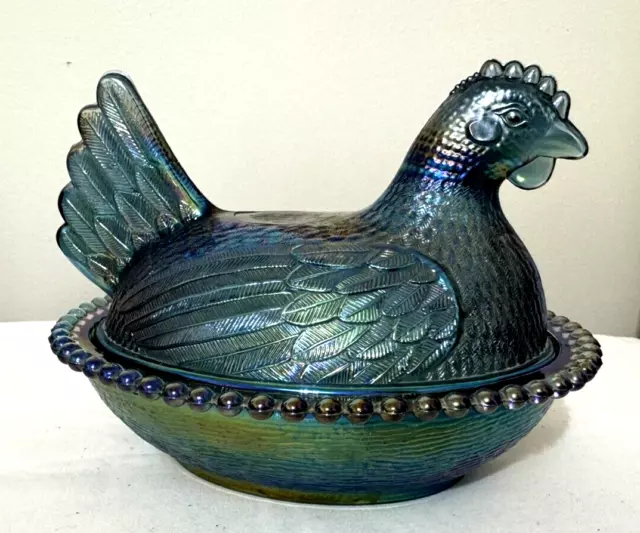 Vintage Indiana Glass Hen on Nest Iridescent Blue Carnival Glass Dish 7" x 5.5"