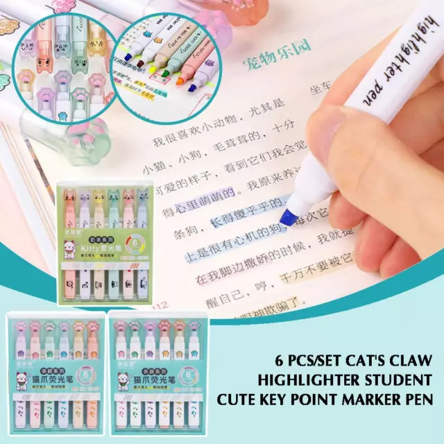 6pcs Cat Highlighter Marker Cute Cat Paw Pastel Highlighter Pens Marker F1F0