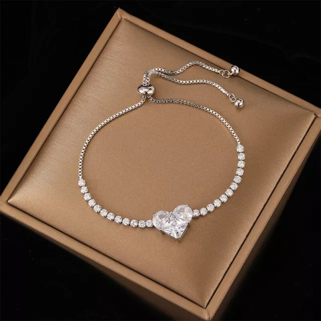 Women 925 Silver Crystal Heart Bangle Bracelet Cubic Zirconia Wedding Jewelry