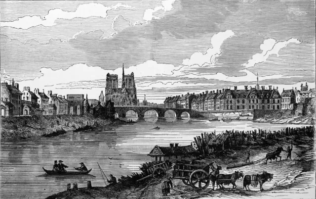 HÔTEL de BRETONVILLIERS et NOTRE-DAME vus des bords de SEINE au 17e -Gravure 19e