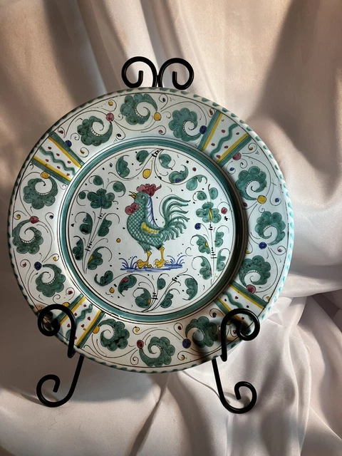 Deruta Pottery Peasant Village Italian Majolica Green Rooster 11-in plate