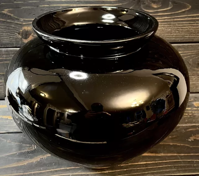 Haeger Large Shiny Black Round Vase 10” Tall Circa 1980’s Art Deco Styled 2