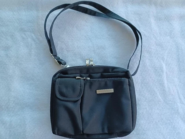 Baggallini Small Crossbody Bag/Purse Multi Pocket Exspanding Black Zebra