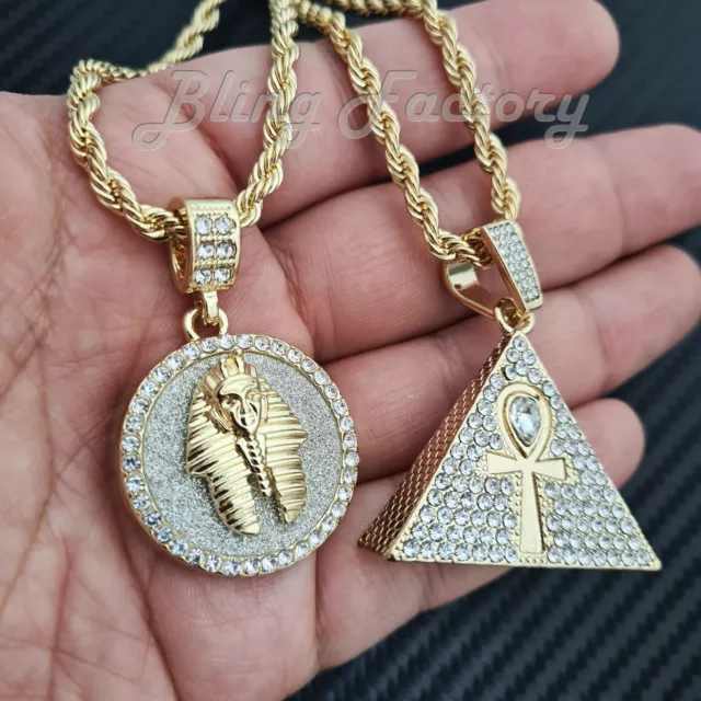 Hip Hop Iced King Tut & Ankh Pyramid Pendant & 4mm 24" Rope Chain Necklace Set