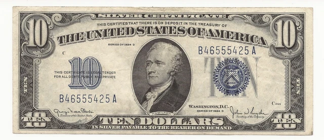1934-D $10 Dollar Bill Silver Certificate Note 425A-KNM