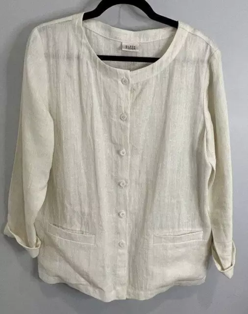 Eileen Fisher Collarless Blazer Linen Jacket Button Front Pockets Ivory Cream M