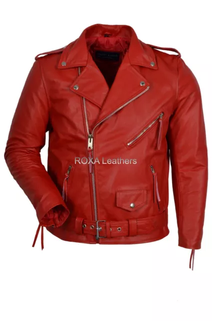 Uomo Originale Giacca IN Pelle Di Agnello Moto con Cintura Festa Indossare Rosso