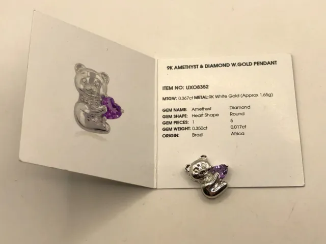 9ct Amethyst & Diamond White Gold Teddy Bear Heart Pendant Charm Silver 375 9K