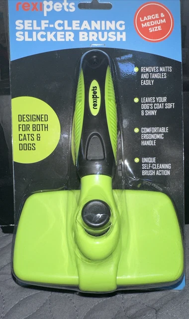 Rexipets Self Cleaning Slicker Brush- for Dogs, Cats & Pets-One Click Green