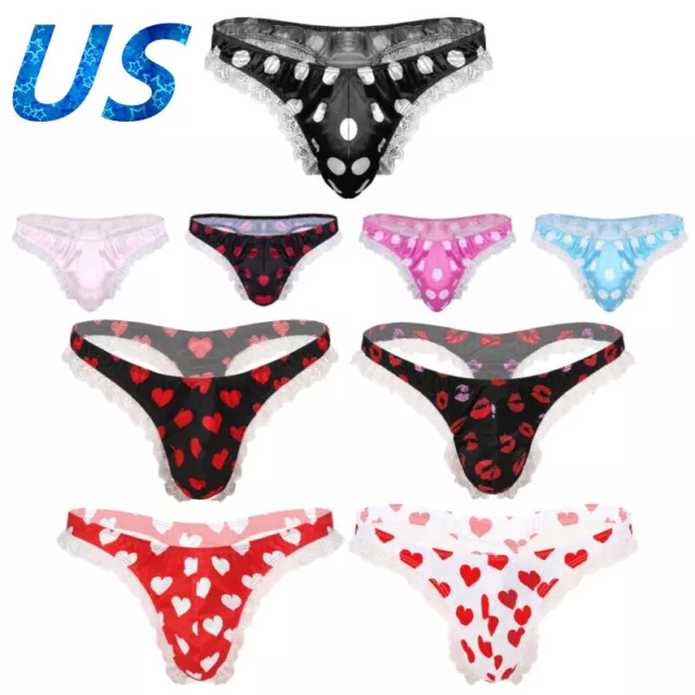 US Sexy Men's Satin Ruffle Thongs Briefs Low Rise Sissy Pouch Panties Underwear