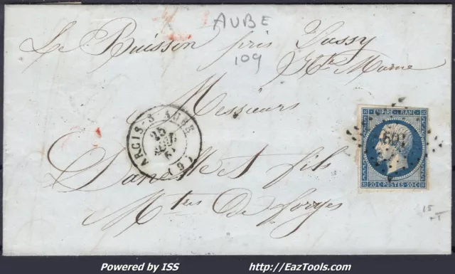 France N°14A Sur Lettre Pc 109 Arcis Sur Aube Aube + Cad Du 25/08/1855