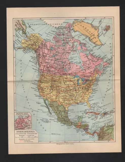 Landkarte map 1928: NORD-AMERIKA POLITISCHE ÜBERSICHT. Maßstab: 1 : 35.000 000