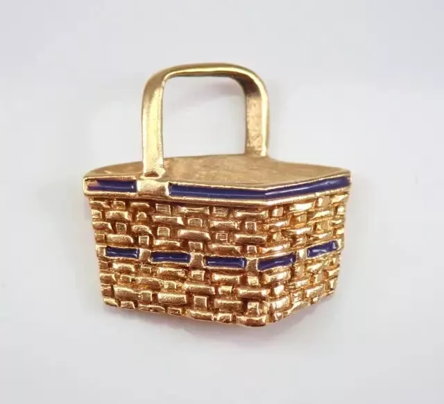 Vintage Estate 14K Yellow Gold Plated Basket Charm, Estate Blue Enamel Pendant