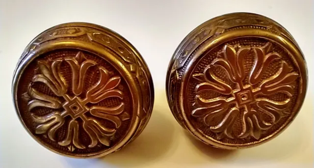 Antique Bronze Brass Victorian 1886 Pair Door Knobs Ornate Rare