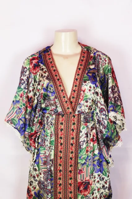 Flying Tomato Green/Blue Multi Floral Kimono Style V Neck Lace Trim Dress Small 2