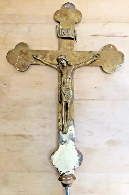 Rare Large Vintage Catholic Church Altar Brass Processional Crucifix Pole Topper