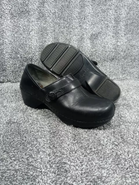 Dansko SOLSTICE Clogs Womens Sz US 6.5 (EU 37) Black Leather Split-Toe Slip-Ons