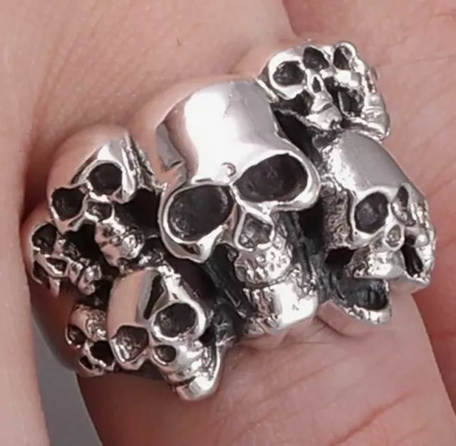 11g MULTI SKULL SKELETON BIKER GOTH ROCKER 925 STERLING SOLID SILVER MENS RING